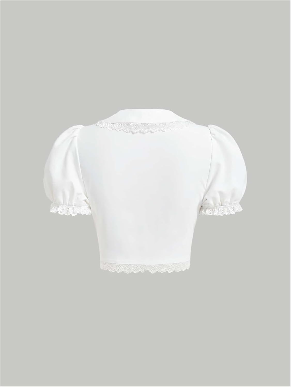 Floerns Women's Cute Short Puff Sleeve Button Down Lace Trim Blouse Crop Tops