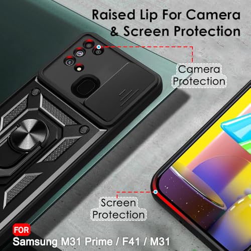 Image of TheGiftKart Tough Armor Bumper Back Cover Case for Samsung Galaxy M31 / F41 / M31 Prime | Ring Holder & Kickstand in-Built | 360 Degree Protection Back Case (PC & TPU, Sliding Camera Cover, Black)