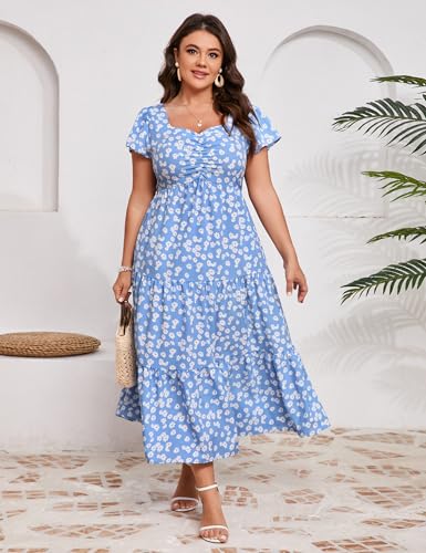 Image of KOJOOIN Women Plus Size Summer Dress Short Sleeve Casual Dress Floral Midi Dress Sweetheart Neck Ruffle Dress
