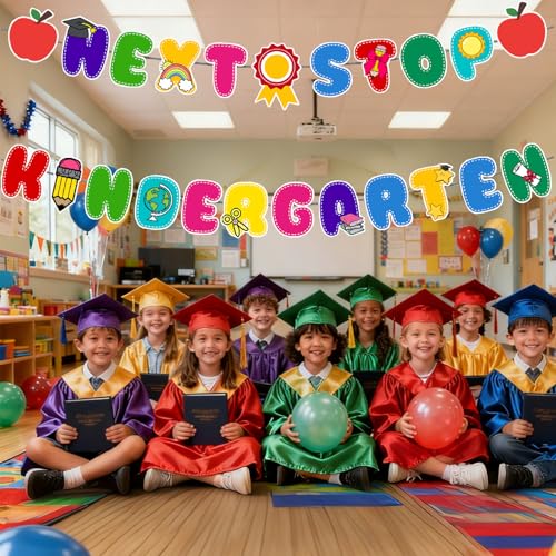 Image of Preschool Graduation Decorations Banner - Pre-Strung Next Stop Kindergarten Garland for Pre K Grad Children Graduate Party Decor