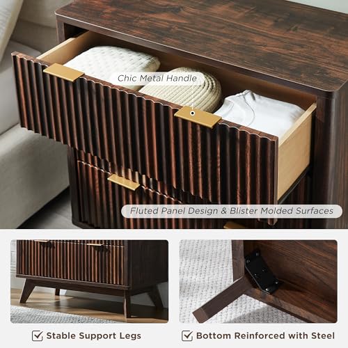 Image of T4TREAM Fluted 3 Drawer Dresser, 32 inch Tall Modern Chest of Drawers, Curved Profile Design, Wood Drawer Organizer for Bedroom, Living Room, Hallway, Entryway, Dark Walnut
