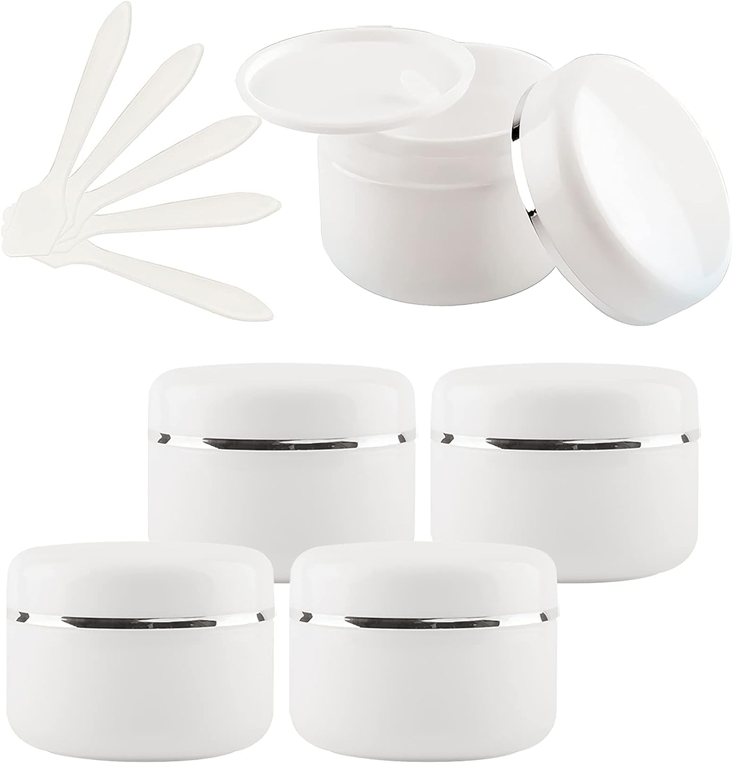 FLYIODFCXV cosmetic jar, 5 PC with Screw Lid with Silver Ribbon Small Storage Pot Containers for Homemade Salve, 5X Spatula(100ml)