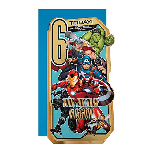 Hallmark 6th Birthday Card MARVEL Avengers Design Activity Inside Gold Blue