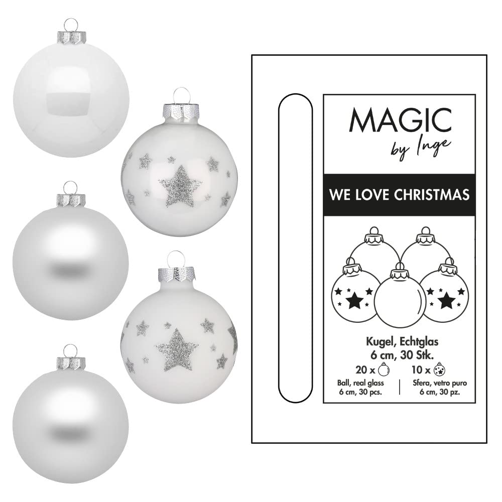Lot de 30 boules de Noël en verre avec motif étoiles dans une boîte en carton Just White 6 cm