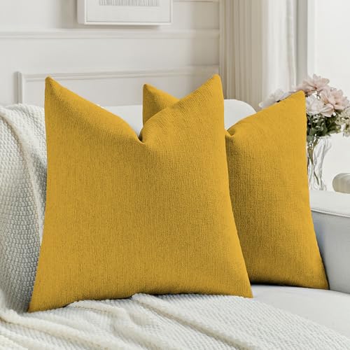FUTEI Mustard Yellow Chenille Decorative Throw Pillow Covers 16x16 Inch Set of 2,Soft Cozy Faux Linen Textured Cushion Case,Farmhouse Home Decor for Couch Living Room