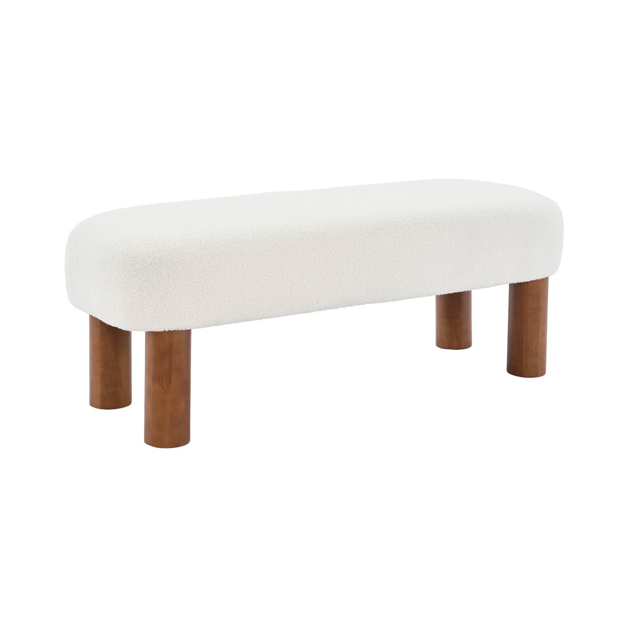 sweeek Panca in Legno di Gomma e Tessuto Bouclé, Fujo, Bianco, 121x45x45 cm