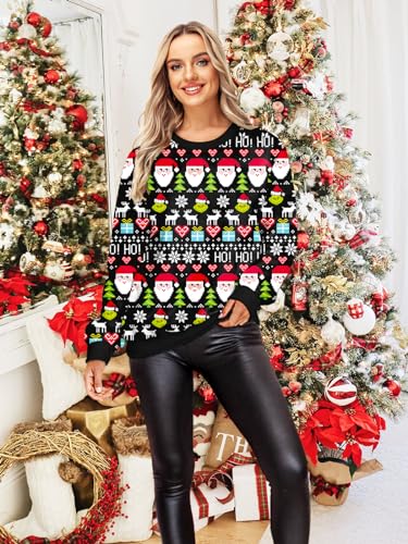 Deerose Moletons femininos de manga comprida de Natal com estampa feia de Natal, C | Papai Noel e co