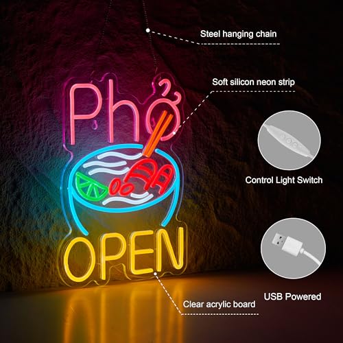 Image of Vietnamese Pho Open Neon Sign Dimmable USB Powered LED Ramen Bowl Open Signs for Restaurant Business Food Truck Kitchen Wall Decor Light