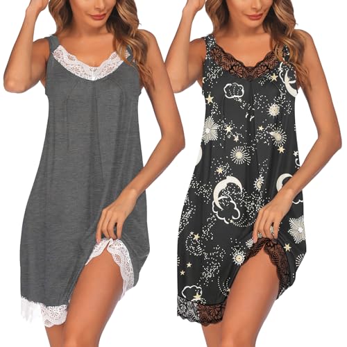 Image of Ekouaer Womens Nightgown 2 Pack Nightgown V Neck Lace Sleepwear Sleeveless Chemise Women's nightgowns & sleepshirts S-XXL