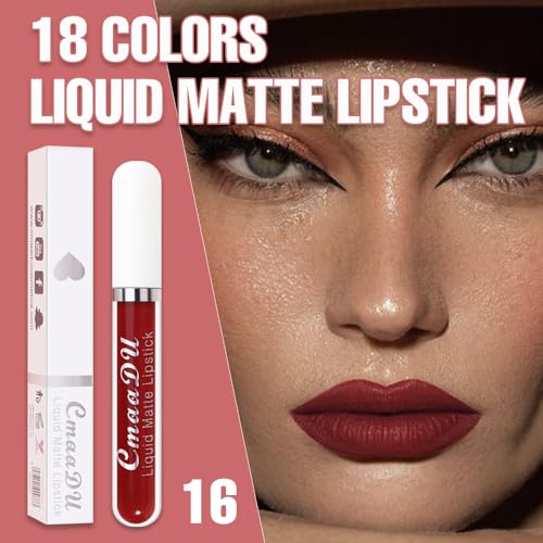 Image of evpct 1Pcs Dark Red Liquid Matte Lipstick Lipgloss Set for Women, labiales mate 24 horas originales matte larga duracion 24 Hour Lipstick Lip Stains Long Lasting Waterproof 24, 16#