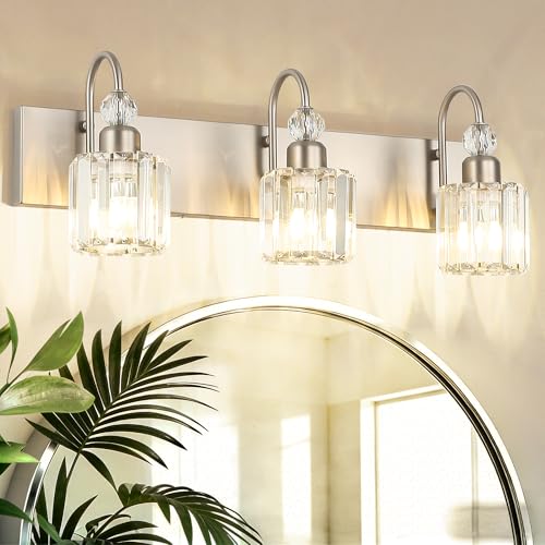 Image of Ralbay Brushed Nickel Vanity Light for Bathroom Crystal 3-Light Modern Bathroom Light Fixtures