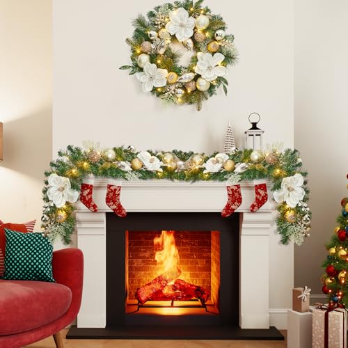 GarveeHome 6FT Christmas Garland with Lights, Prelit Christmas Garland for Mantle with 20 LED Lights Timer Gold Balls Magnolia Flower, Indoor Outdoor Xmas Garland for Fireplace Holiday Decorations