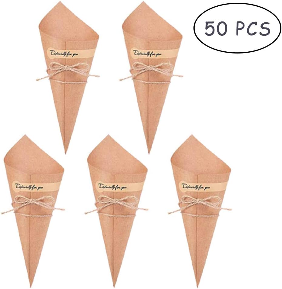 Kraft Paper Cones, 50 Pcs Wedding Kraft Paper Cones, Retro Kraft Paper Cones, Confetti Cones, with 50 Stickers 50 Ropes 1 Roll Tape, Bouquet Candy Chocolate Bags Boxes for Banquet Party Gifts Packing - Image 3