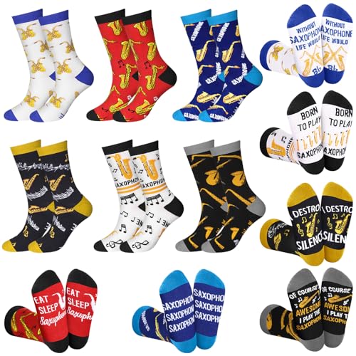 Ramede 6 Pairs Socks Gifts for Men Women Novelty Saxophone Drum Tuba French Horn Flute Trumpet Socks for Band Music Lovers(Saxophone)