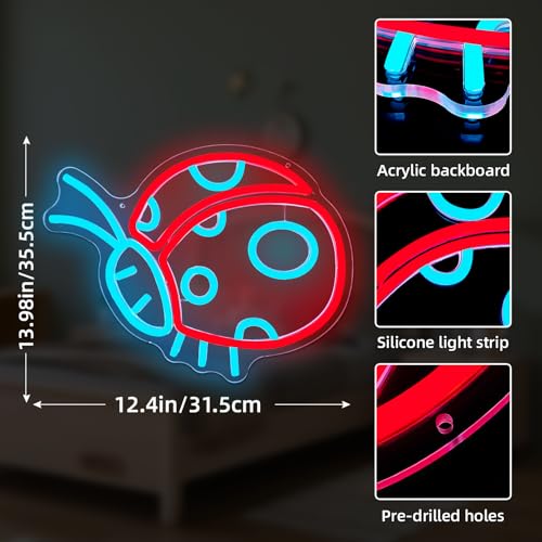 Image of Ladybug Neon Signs for Wall Decor Cute Neon Sign Ladybug Led Sign Ladybug Light Up Sign Dimmable Neon Lights for Bedroom Birthday Party Easter Christmas Ladybug Decor Gifts
