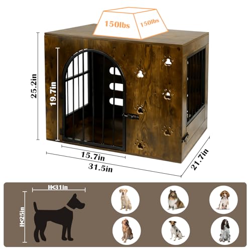 Dog Crate Furniture for Small Medium Dogs, Heavy Duty Wood Metal Indoor Dog Kennel with Bowls, Decorative Pet Cage Dog House as TV Stand, Brown - Image 4