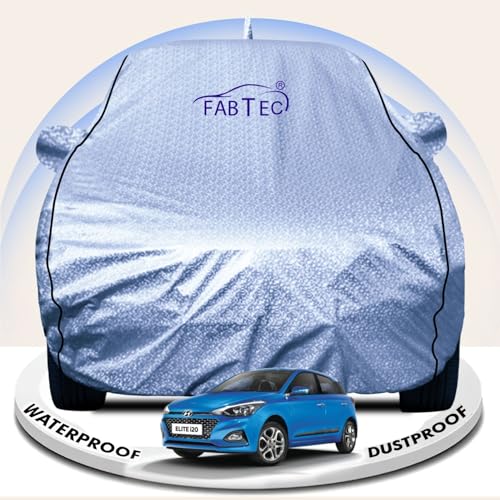 Image of FABTEC Metallic Silver Waterproof Car Body Cover for Hyundai Elite i20 Sun, UV and Dust Protection with Mirror and Antenna Pocket (Reflective Silver with Black Piping)