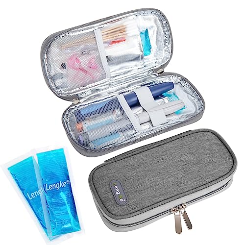 SUNMON Mojiro Kühltasche mit 2 wiederverwendbaren Kühlakkus, Isolierte Insulin Wegovy Kühltasche Etui Wasserdicht Ozempic Reisetasche für Diabetikerzubehör, 4-6 Std.Kühlung Medikamententasche(Grau)