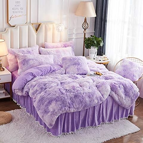 JAUXIO Luxury Abstract Faux Fur Bedding Set Tie Dye Printed Shaggy Duvet Cover with Pillowcase Soft Crystal Velvet Reverse (Twin, Lilac) Cover