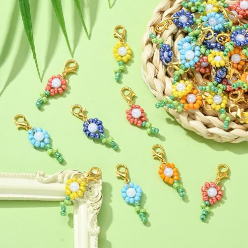 Stiesy 50Pcs 5 Colours Flower Glass Charms Colourful Flower Seed Beads Pendant Charm Floral Charms for Jewellery Making DIY Bracelet Crafting - Image 4