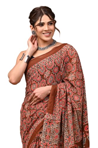 Image of Crafts Moda Hand Block Ajrakh Print Cotton Saree for women with Blouse | Soft comfortable wear sari