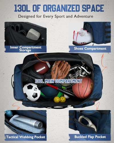 Gonex 130L Extra Large Duffel Bag for Men, Heavy Duty 3 in 1 Convertible Carry Travel Duffle, with Shoe Compartment, Tactical Loops, Sports Gear Bag for Family Trips (Dark Blue) - Image 4