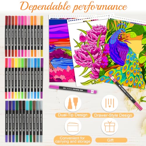 Image of ADEVIAN 3-in-1 Color by Numbers Adult Coloring Books with 36 Colors Markers - Spiral Bound & Single-Sided, Easy Number Matching & Tear-Out for Framing, Stress Relief & Creativity for Beginners