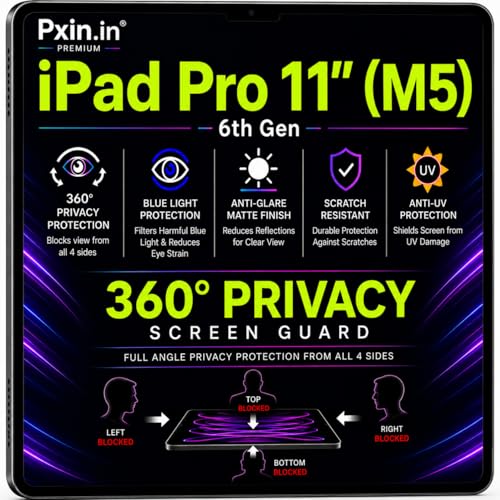 Image of Pxin 360 Pro Privacy Screen guard compatible with iPad Pro 11 inch (M5) - 6th Gen | Anti Glare | Anti UV | Anti Blue | Anti Reflection | Privacy Filter | Unbreakable Build