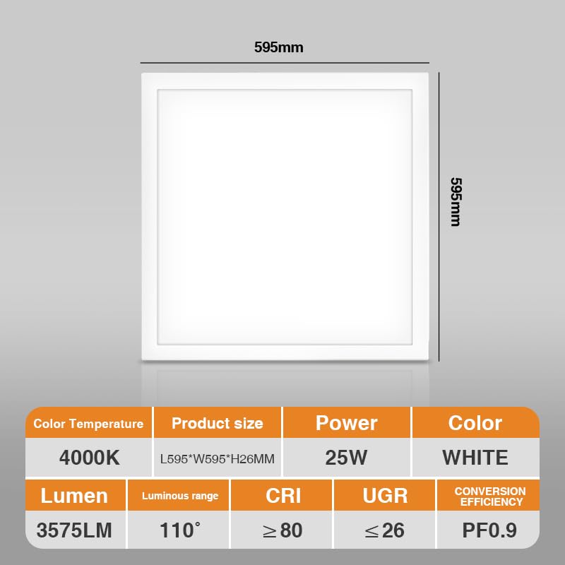 8 x panel LED 25W, luminaria de rejilla empotrada 60x60 cm, plafón empotrado 4000K (blanco neutro), UGR≤26 CRI≥80. Dimensiones: L595 x A595 x H26 mm.