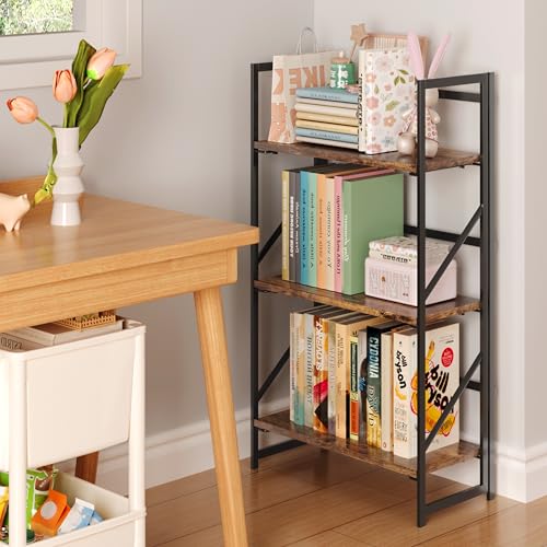 Image of JSB No Assembly Folding Bookshelf, 3 Tier Industrial Metal Book Shelf for Storage, Vintage Wood Foldable Bookcase for Living Room, Bedroom, Office Organization Shelves