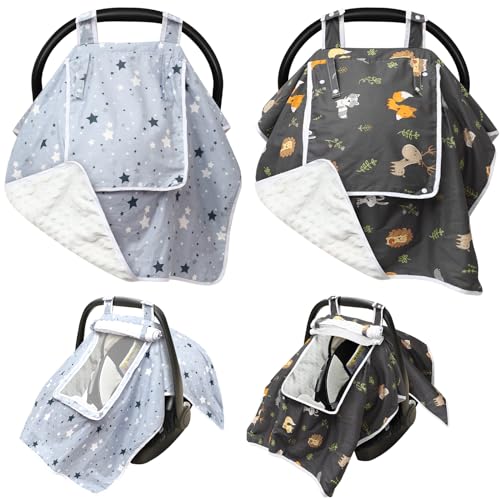 Huwena カーシートカバー 赤ちゃん用 カーシート キャノピー 2層窓 防風 モスリン カーシートカバー キックプルーフキャリアカバー 通気性メッシュ 覗き見窓 ベビーカーカバー ユニバーサルフィット グレー