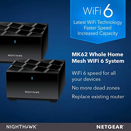 Image of Netgear Nighthawk Whole Home Mesh WiFi 6 System (MK62) - AX1800 Router with 1 Satellite Extender, Coverage up to 3,000 sq. ft. and 25+ Devices, MK62 (12 gigabits per Second, Dual Band)