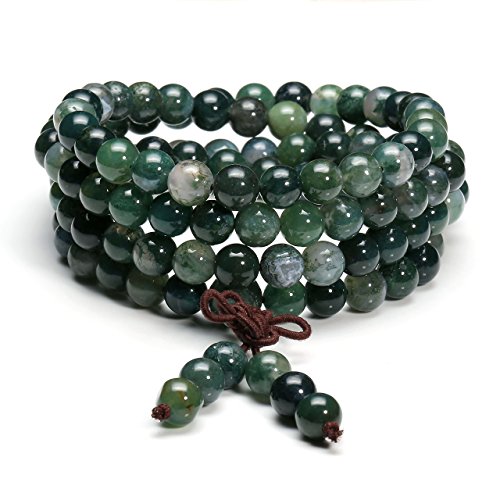 Jovivi 108 Mala Beads Bracelet 6mm 8mm Natural Indian Agate/Green Moss Agate Gemstone Healing Crystal Stone Beaded Bracelet Hand Knotted Prayer Mala Beads Necklace for Yoga Meditation Balance