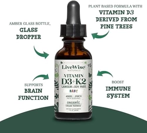 Vista 3 de Vitamina D3 y Vitamina K2 Gotas Líquidas. Bebé Vitamina D Gotas para Bebés con Vitamina K para una absorción óptima. Suplemento de vitamina D3 K2