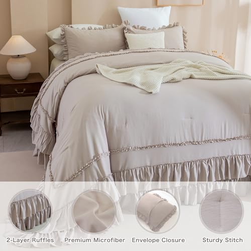 Image of QSH Taupe Oversized California King Ruffled Bed Comforter Set 128x120, Farmhouse Vintage Chic Comforter French Country Shabby Bedding Comforter Soft Microfiber Fluffy Bedding 3 PCs