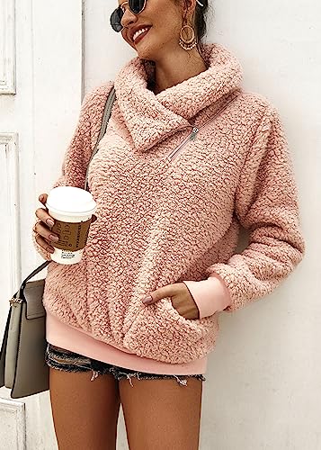 KIRUNDO Winter Clothing for Women Sherpa Pullover Fleece Zip Sweatshirt 2026 Fall Fashion Fuzzy Faux Shearling Warm Outwear(X-Large,Pink) — view 4