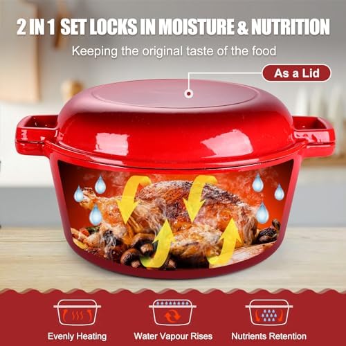 P&P CHEF 5Qt Dutch Oven Pot for Bread Baking (Red), 2 In 1 Round Cast Iron Dutch Oven with Lid Set, Skillet & Pot for Roasting Braising Stewing Frying Simmering, Multi Stoves & Oven Safe - Thumbnail 4