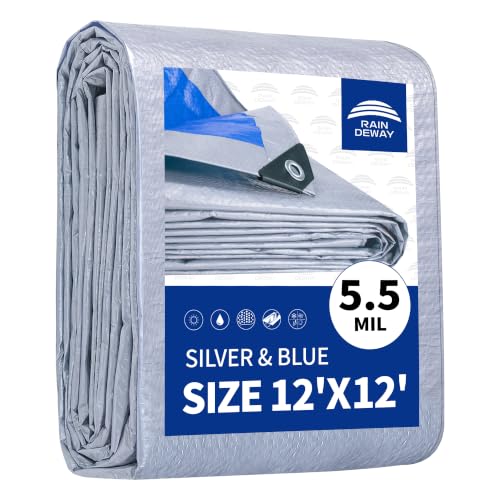 RAINDEWAY Tarps 12x12 Feet - 5.5 Mil Multipurpose Waterproof Poly Tarp Cover with Metal Grommets and Reinforced Edges Silver/Blue Tarp