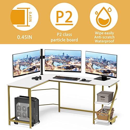 Weehom L Shape Desk With Shelves Computer Desk Monitor Shelf And Printer Storage Round Corner Table For Home Office White Gold #TOP7