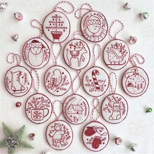 Hand Embroidery Christmas Ornaments Kit,Red Work Hand Embroidery Christmas Ornaments Kit,Jolly and Bright Kits De Bordado De Navidad para Adultos Principiantes. (A)