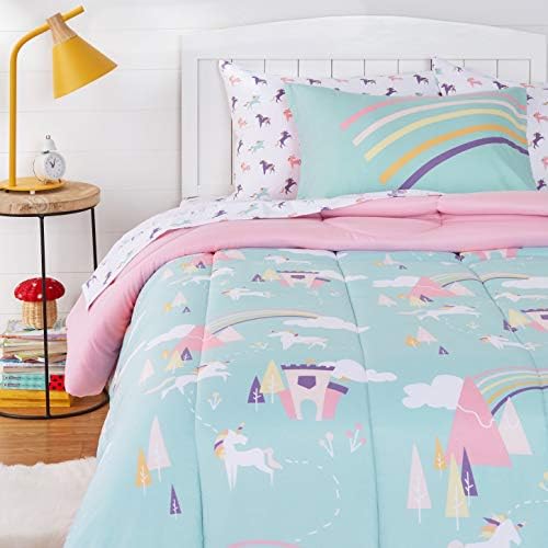 Amazon Basics Kids Bed-in-a-Bag Microfiber Bedding Set, Easy Care, Twin, Unicorn Castle - Set of 5 Pieces