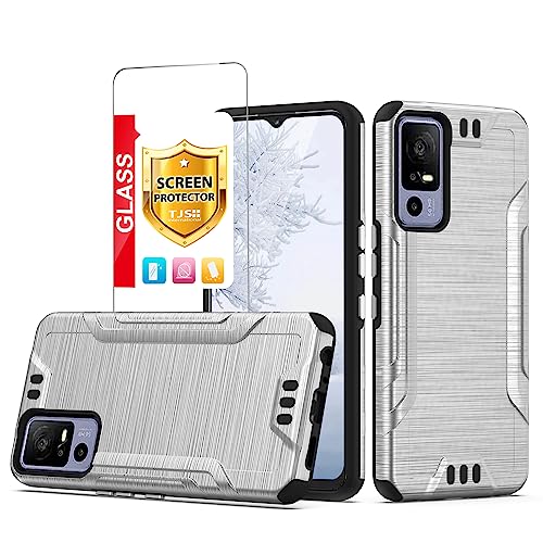 TJS Compatible for TCL 40 XE 5G Case, with Tempered Glass Screen Protector, Magnetic Support Hybrid Shockproof Metallic Brush Finish Phone Case for TCL 40XE 5G (Silver)