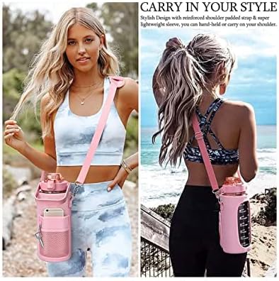 64oz, 2L, Half Gallon Bottle MultiColor BPA-Free Gym Fitness Sports Motivational Water Bottles with Time Marker! (With Pink Storage Bag)