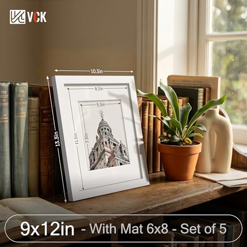 Image of VCK 9x12 Frame 5 Pack, White Wood, 6x8 Mat, Glass, for Picture Photo
