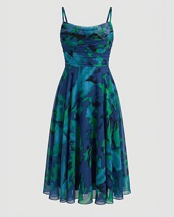 CHICME Womens Floral Mesh Midi Dress 2026 Summer Cowl Neck Adjustable Strap A Line Cinched Zipper Back Cocktail Party Dress