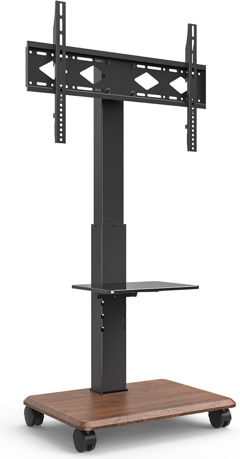 Heavy Duty 32 to 75 Inch Mobile Rolling TV Floor Stand Holds up to 132 lbs, TV Cart with Glass Shelf, Height Adjustable Portable TV Stand with Locking Wheels, Max VESA 600x400mm, Black