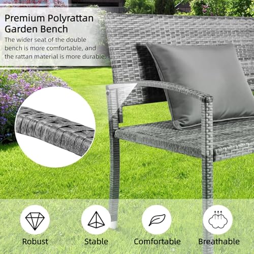 LIFERUN Rattan Garden Bench 122x62x90cm, 2 Seater Outdoor Wicker Seating with Adjustable Feet, Weatherproof PE Garden Loveseat for Patio, Balcony, Terrace, Park, 320kg Capacity, Double-Sided Rattan - Image 5