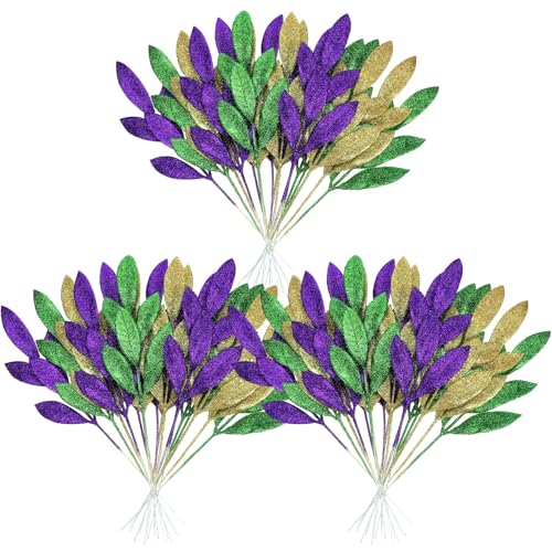 Janinka 24 Pcs Mardi Gras Decorations Leaf Picks Vase Filler 14 Tall Purple Green Gold Artificial Glitter Bay Floral Picks and Sprays Carnival Centerpiece Tree Ornaments for Mardi Gras Table Decor