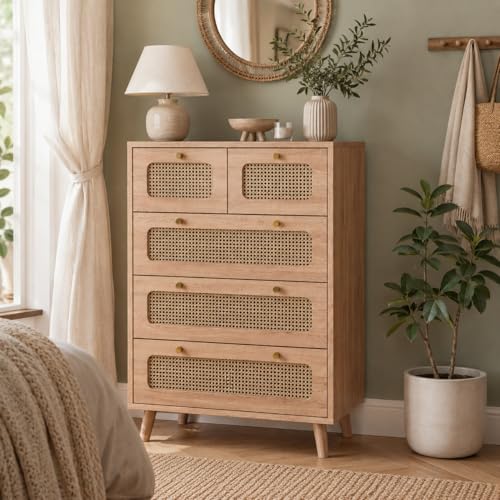 HYNHXBP Commode Haute à 5 tiroirs en Bois Naturel avec façades en rotin, Meuble de Rangement bohème pour Chambre et Salon, 60 x 34 x 91 cm