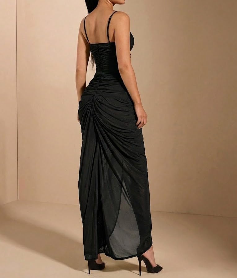 SKAYS Women's Summer Cami Ruffle Ruched mesh Elegant Split Bodycon Maxi Party Wedding Guest Dress - Image 2